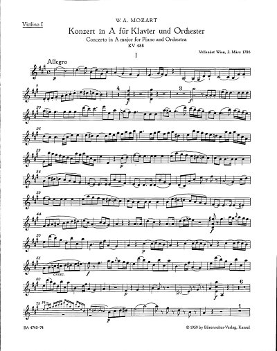 W.A. Mozart: Konzert Nr. 23 A-Dur KV 488, KlavOrch (Vl1)