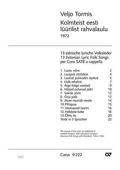 DL: V. Tormis: 13 estnische lyrische Volkslieder (Part.)