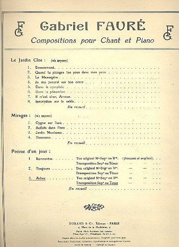G. Fauré: Poeme D'Un Jour N3 Adieu Soprano-Piano (Fr-Angl