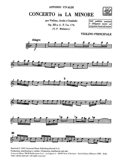 A. Vivaldi: Concerto per Violino, Archi e BC In La  (Stsatz)
