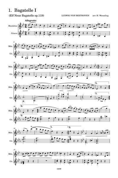 L. van Beethoven: 5 Bagatelle uit 'Elf Neue Bagatelle op. 119 fúr Klavier' bewerkt voor mandoline en gitaar