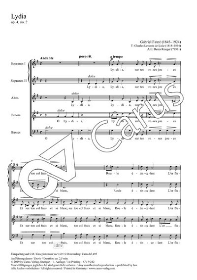 DL: G. Fauré: Lydia G-Dur op. 4,2, Gch5 (Part.)