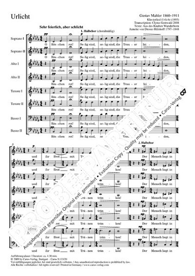 DL: G. Mahler: Urlicht. Vokaltranskription von Cly, GCh8 (Pa
