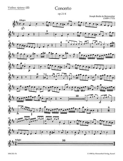 J.B. de Boismortier: Concerto für 2 Soloinstrumente (Flöte, Violine - Flöte, Oboe - 2 Flöten), 3 Violinen und Basso continuo h-Moll op. 21/4