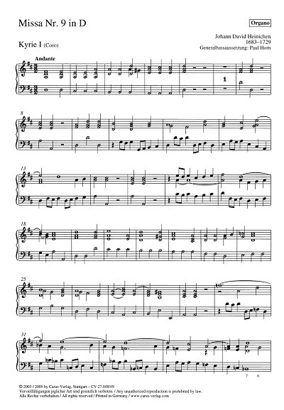 J.D. Heinichen: Missa Nr. 9 in D D-Dur, Orgel