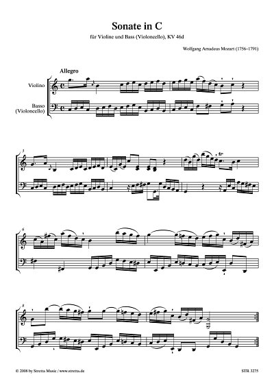 DL: W.A. Mozart: Sonate in C fuer Violine und Bass (Violonce