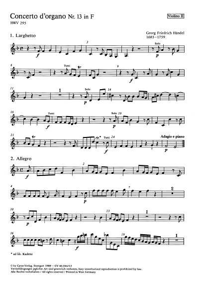 G.F. Händel: Concerto d'organo Nr. 13 in F (Orgelkonzert Nr. 13 in F) HWV 295