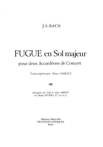 J.S. Bach: Fugue En Sol Majeur (Part.)