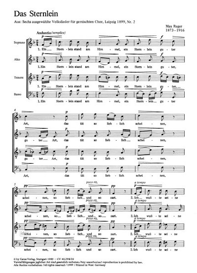 M. Reger: Das Sternlein F-Dur (1899), Gemischter Chor (SATB)