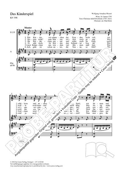 DL: W.A. Mozart: Das Kinderspiel A-Dur KV 598 (1791) (Part.)