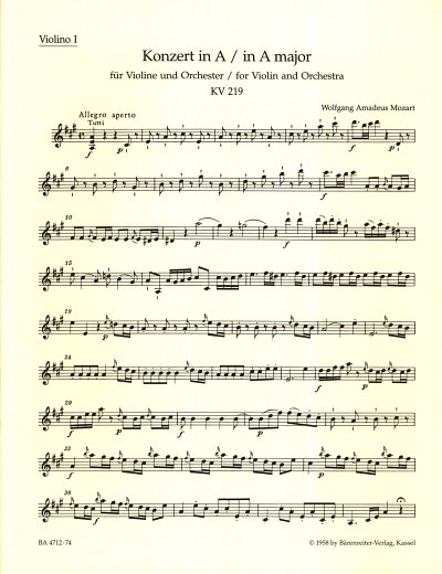 W.A. Mozart: Konzert Nr. 5 A-Dur KV 219, VlOrch (Vl1)