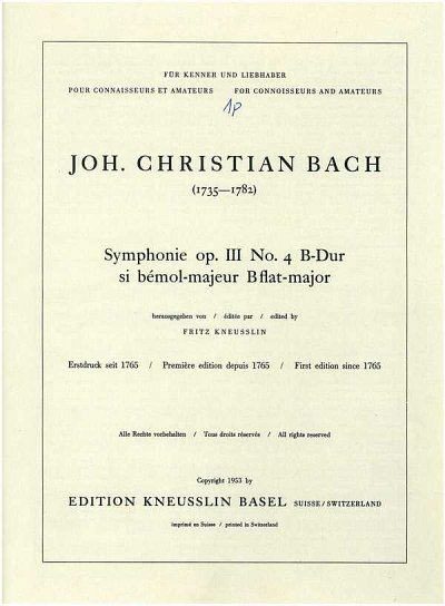 J.C. Bach: Sinfonie B-Dur op. 3/4, Kamo (Part.)