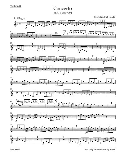 G.F. Händel: Konzert F-Dur op. 4/4 HWV 292, OrgmOrch (Vl2)
