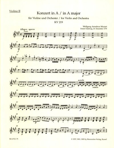 W.A. Mozart: Konzert Nr. 5 A-Dur KV 219, VlOrch (Vl2)