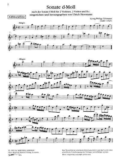 G.P. Telemann: Sonate d-moll, 5Bfl (ABlf)