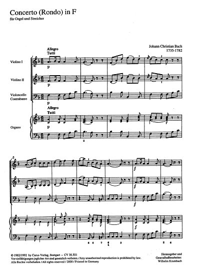J.C. Bach: Orgelkonzert in F op. 13 Nr. 3/2; Rondo / Partitu