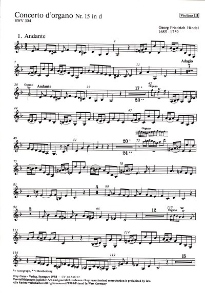 G.F. Handel: Concerto d'organo Nr. 15 in d (Orgelkonzert Nr. 15 in d) HWV 304
