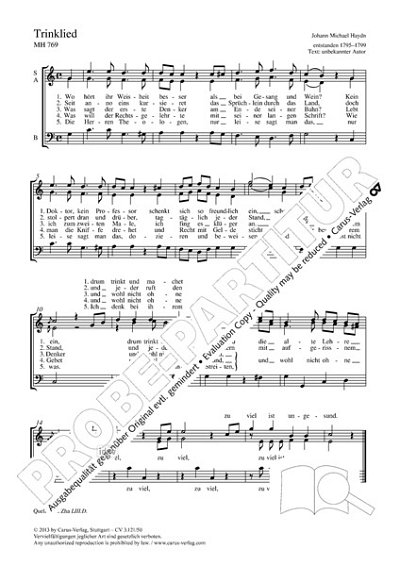 DL: M. Haydn: Trinklied C-Dur MH 769, Gch3 (Part.)