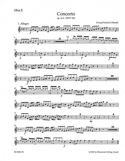 G.F. Händel: Konzert F-Dur op. 4/4 HWV 292, OrgmOrch (Ob2)