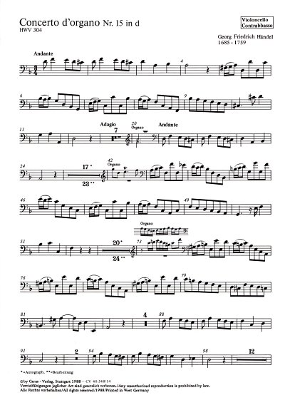 G.F. Händel: Concerto d'organo Nr. 15 in d (Orgelkonzert Nr. 15 in d) HWV 304