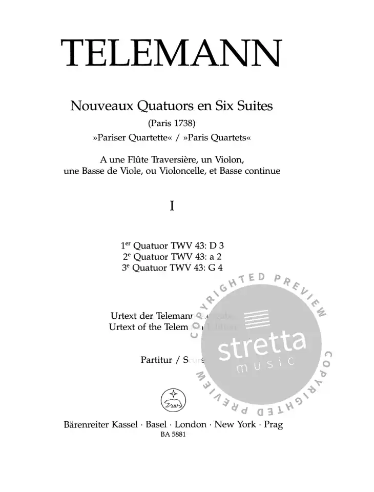 G.P. Telemann: Nouveaux Quatuors en Six S, FlVlVdGBc (Pa+St) (1)