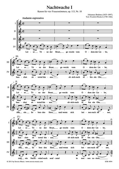 DL: J. Brahms: Nachtwache I Leise Toene der Brust / Kanon fu