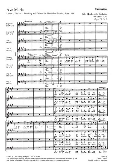 F. Mendelssohn Bartholdy: Ave Maria A-Dur MWV B 19 (1830)