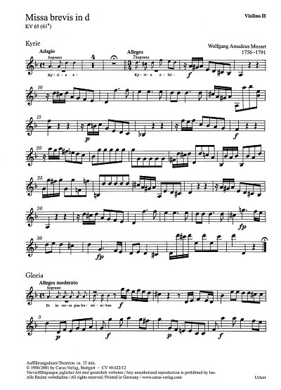 W.A. Mozart: Missa brevis in d KV 65 (61, 4GesGch2VlBc (Vl2)