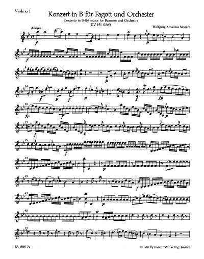 W.A. Mozart: Konzert B-Dur KV 191 (186e), FagOrch (Vl1)