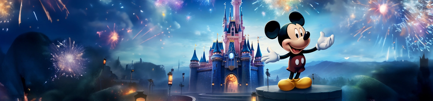 Mickey Mouse devant un château de conte de fées avec des feux d'artifice